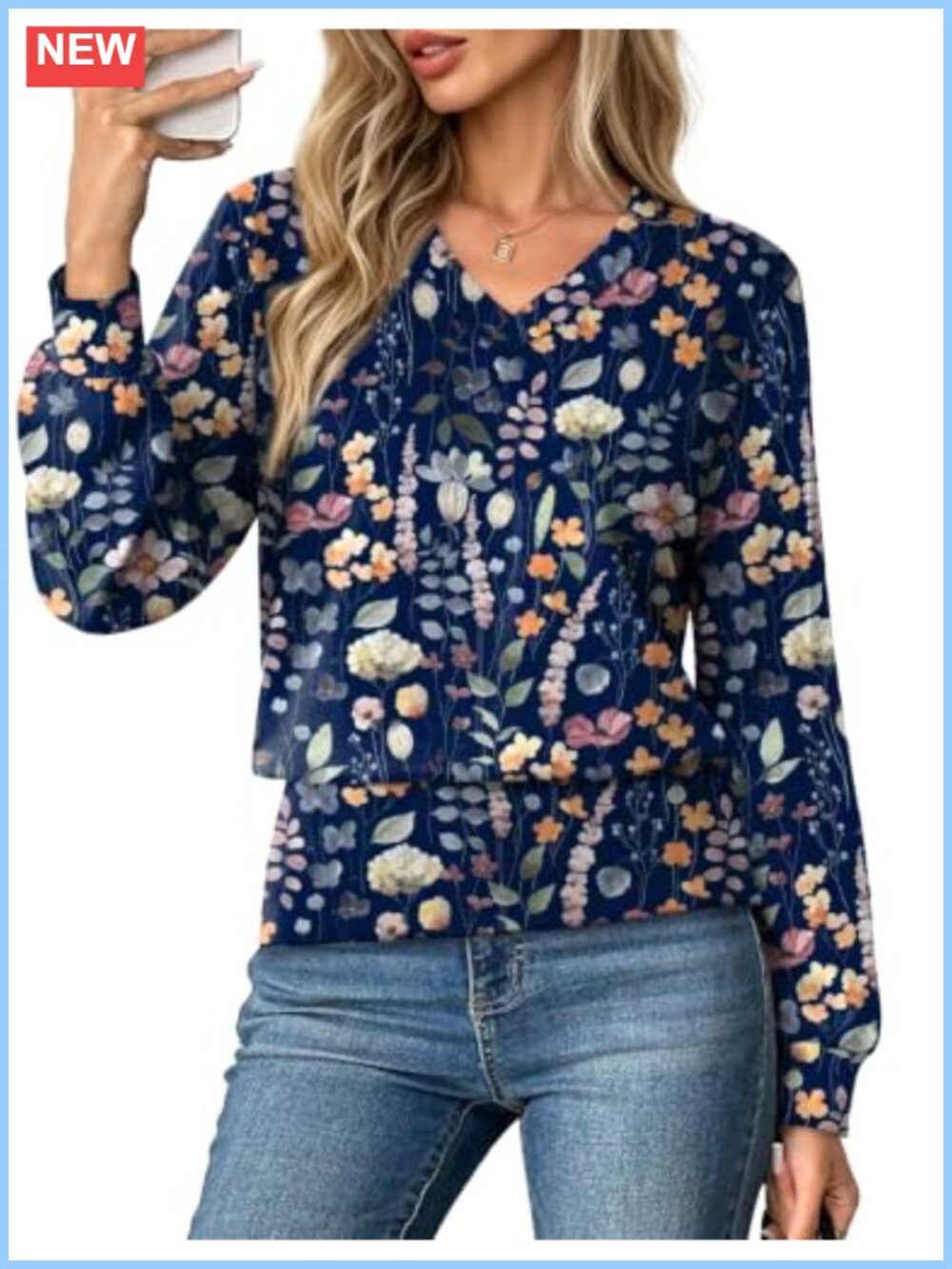Women's V-Neck Long Sleeve Top Elastic Waist Stretch Fall Shirt